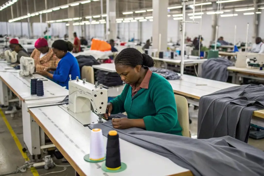 Workers sewing garments on industrial machines in a clothing factory