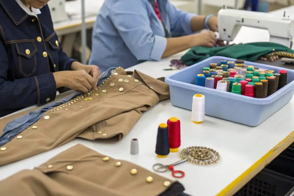 Workers attaching buttons and embellishments to garments at a finishing station