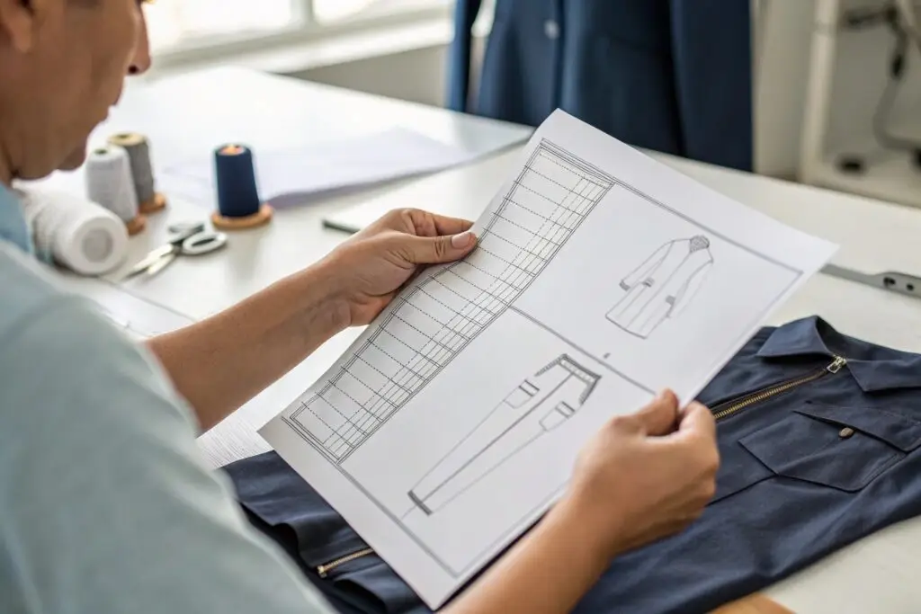 Garment manufacturer consulting a detailed tech pack with design sketches