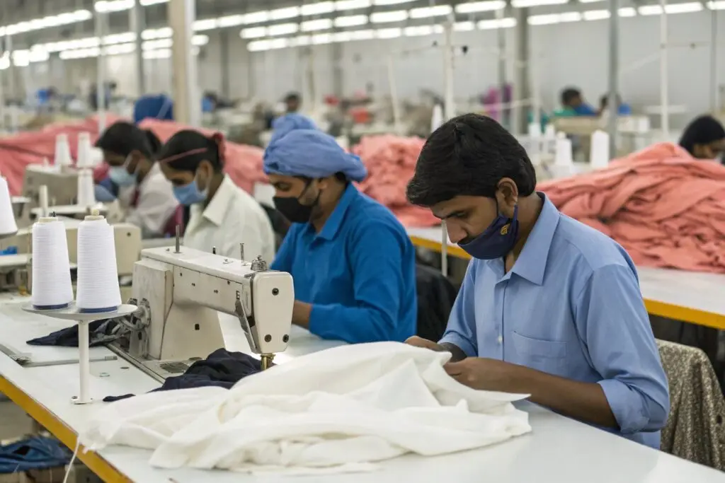 Workers sewing garments in a large-scale garment manufacturing facility