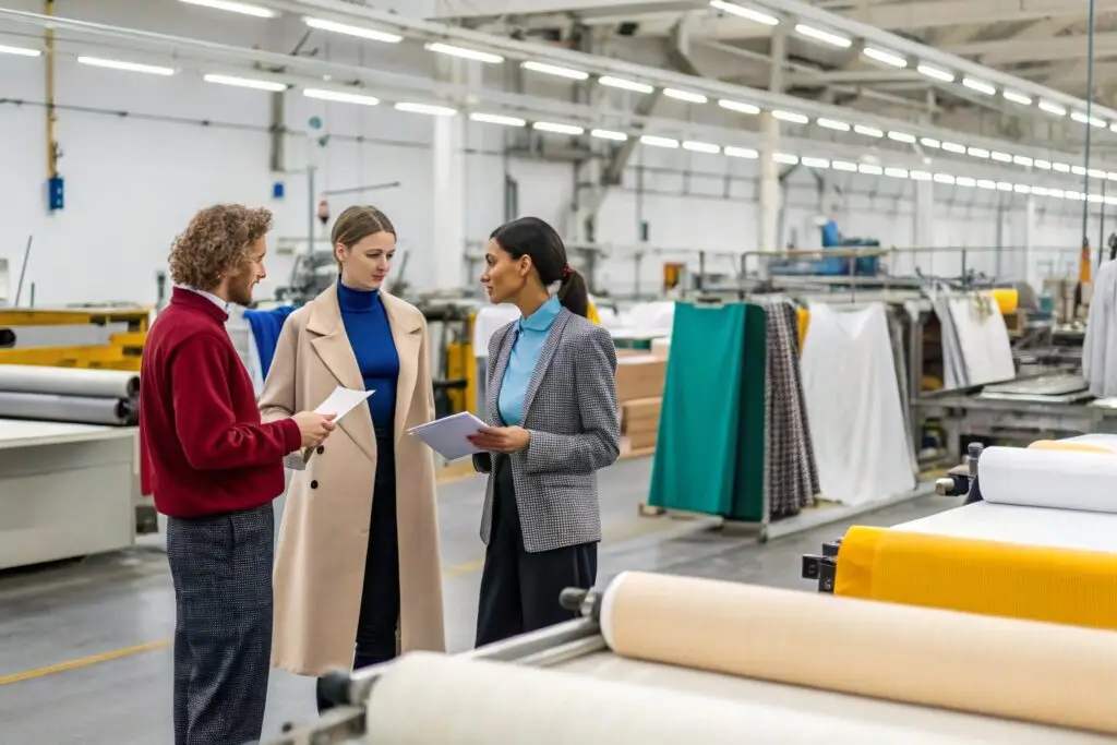 Fashion brand team discussing fabric samples at a garment production facility