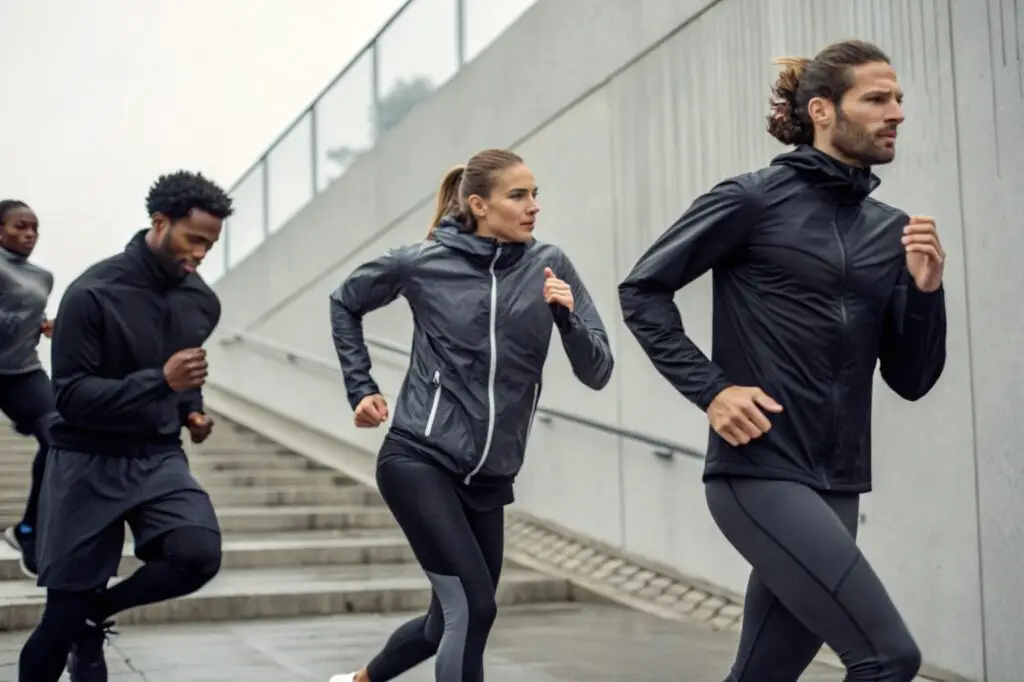 Athletes wearing stylish black sportswear while running
