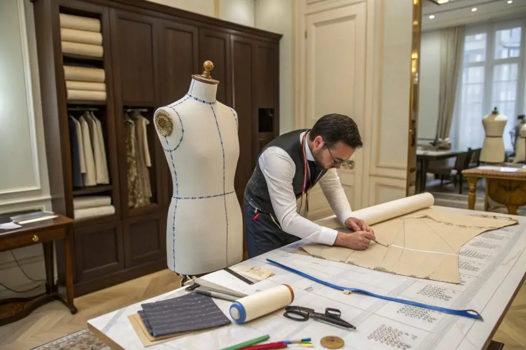 High-end fashion atelier where a tailor is crafting a garment