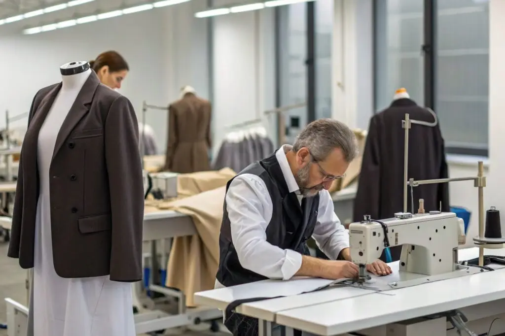 Tailor sewing a custom suit in a professional atelier