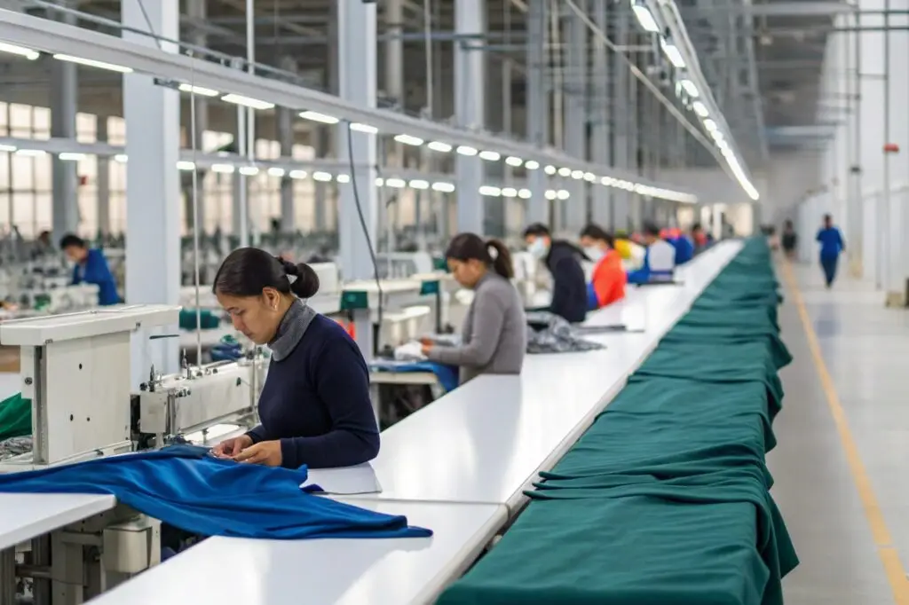 Workers sewing garments in a large textile factory