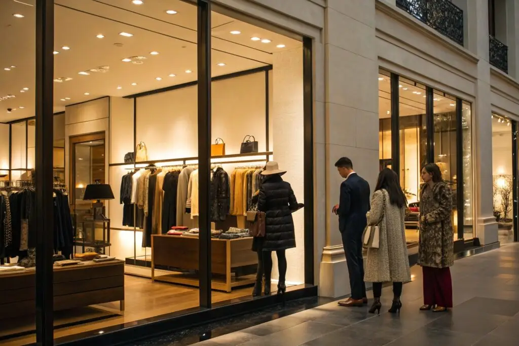 Luxury fashion boutique with elegant clothing and stylish shoppers