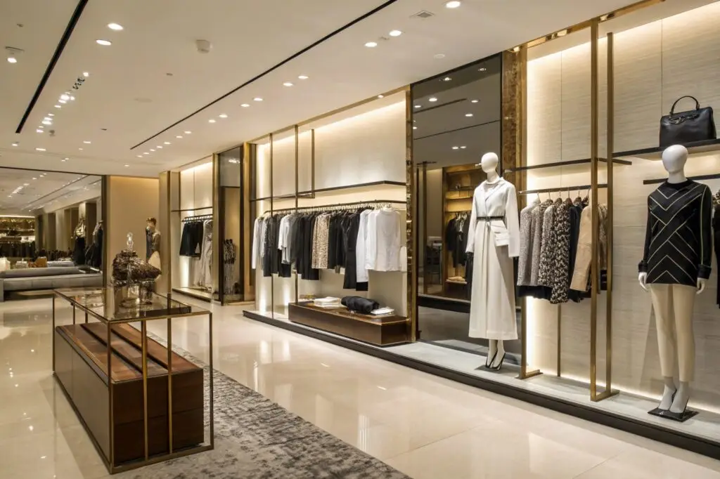 Luxury clothing boutique with stylish apparel displays