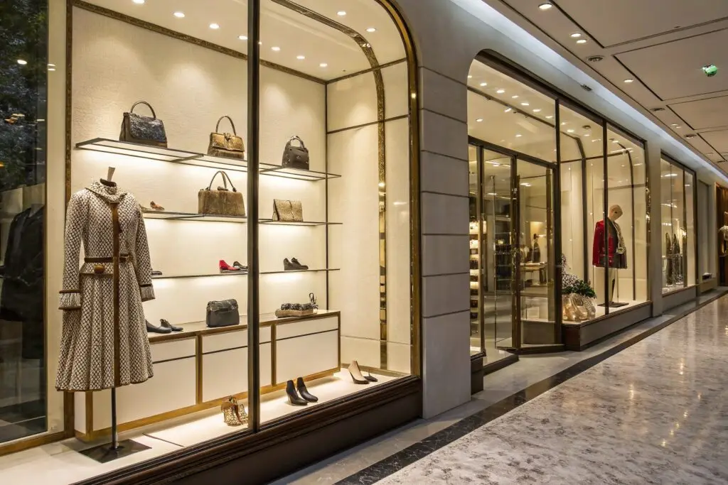 High-end Gucci flagship store with elegant window display