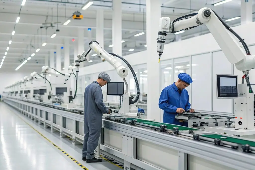 Automated production line with robotic arms and workers