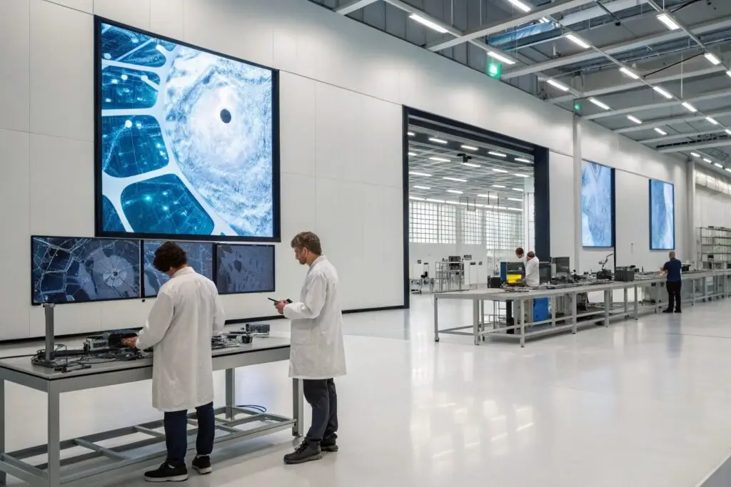 High-tech laboratory with scientists analyzing data