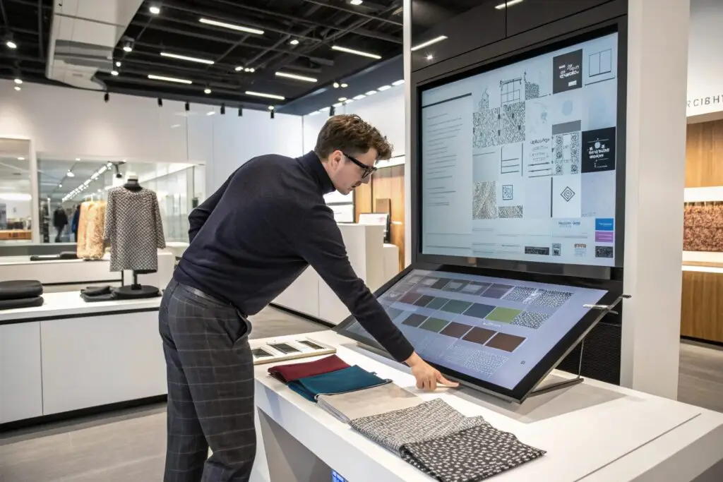 Digital textile selection in a modern fashion showroom