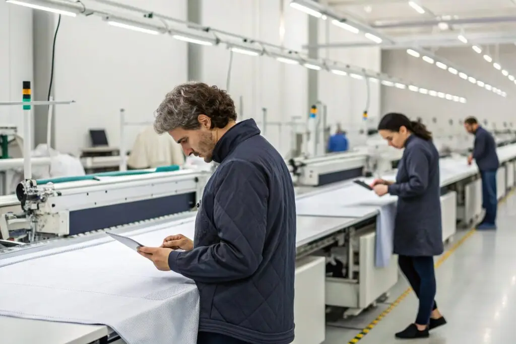 Workers inspecting fabric on digital-driven production line