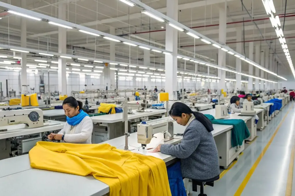 Garment factory workers sewing colorful fabrics in production line