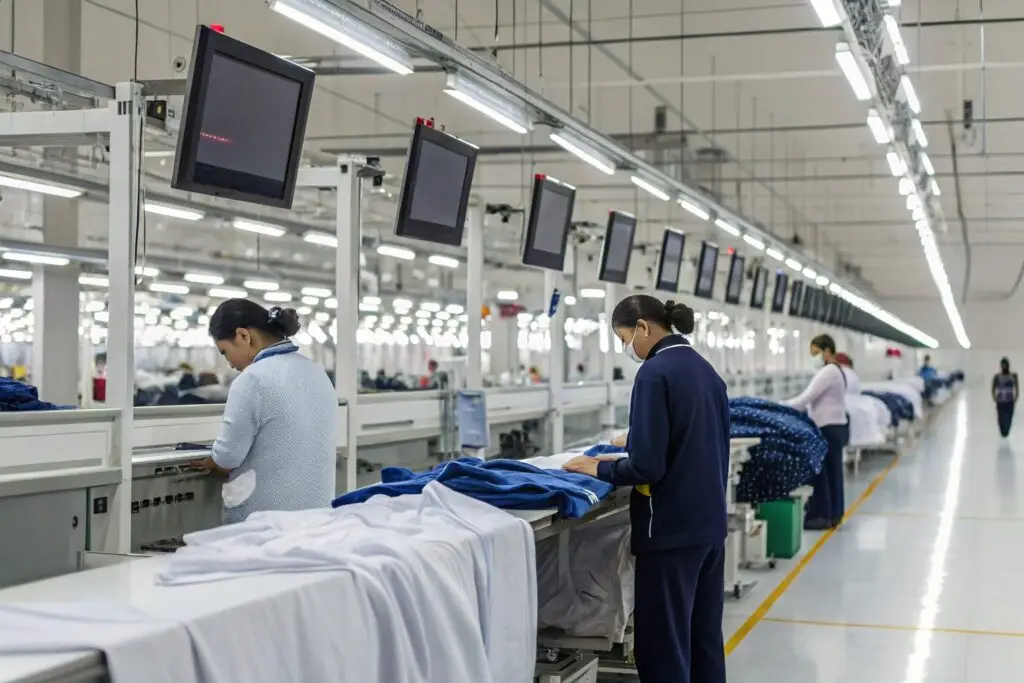 Workers inspecting garments in a modern clothing production facility