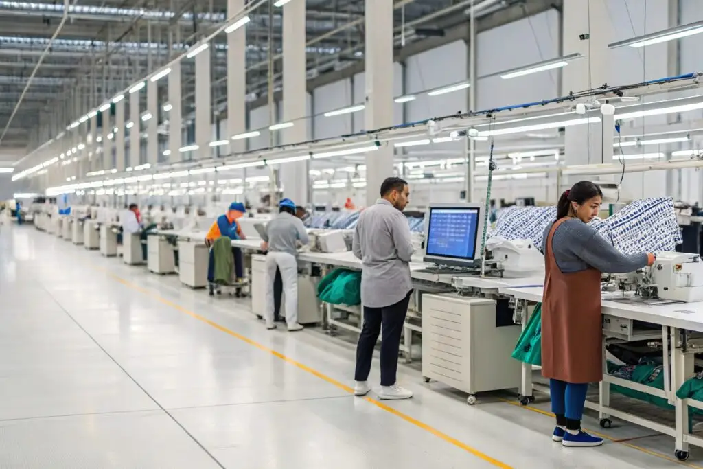 Workers operating advanced sewing machines in a modern garment factory