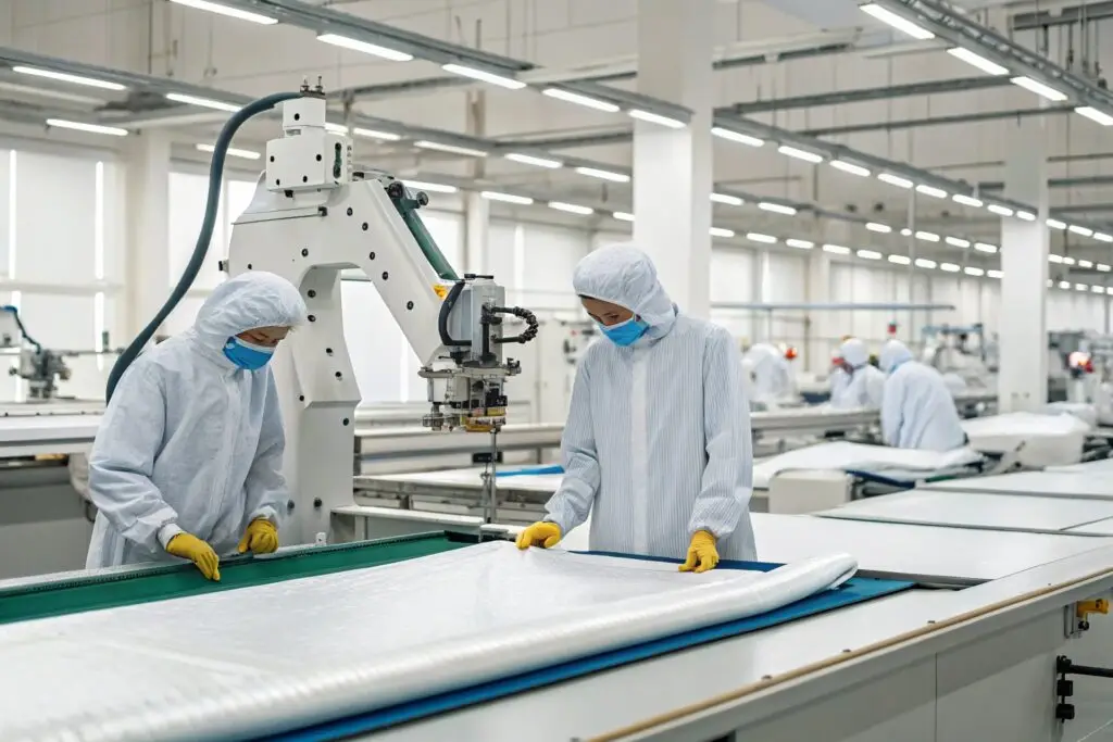 Workers operating automated machines in a high-tech garment production facility