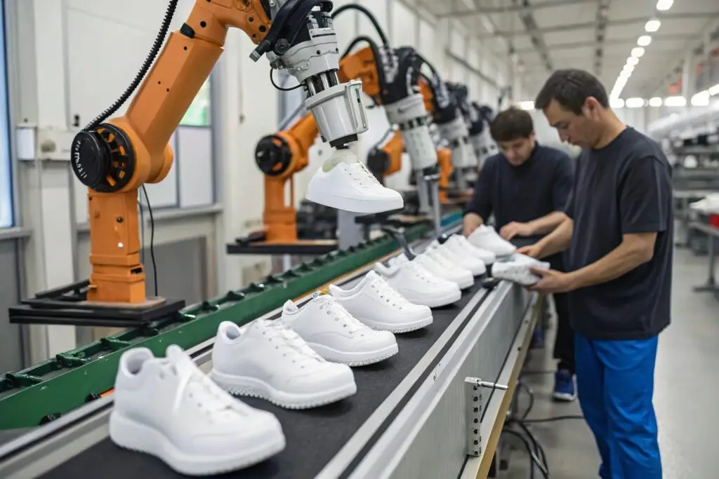 Automated robotic arms assembling sneakers in a shoe factory