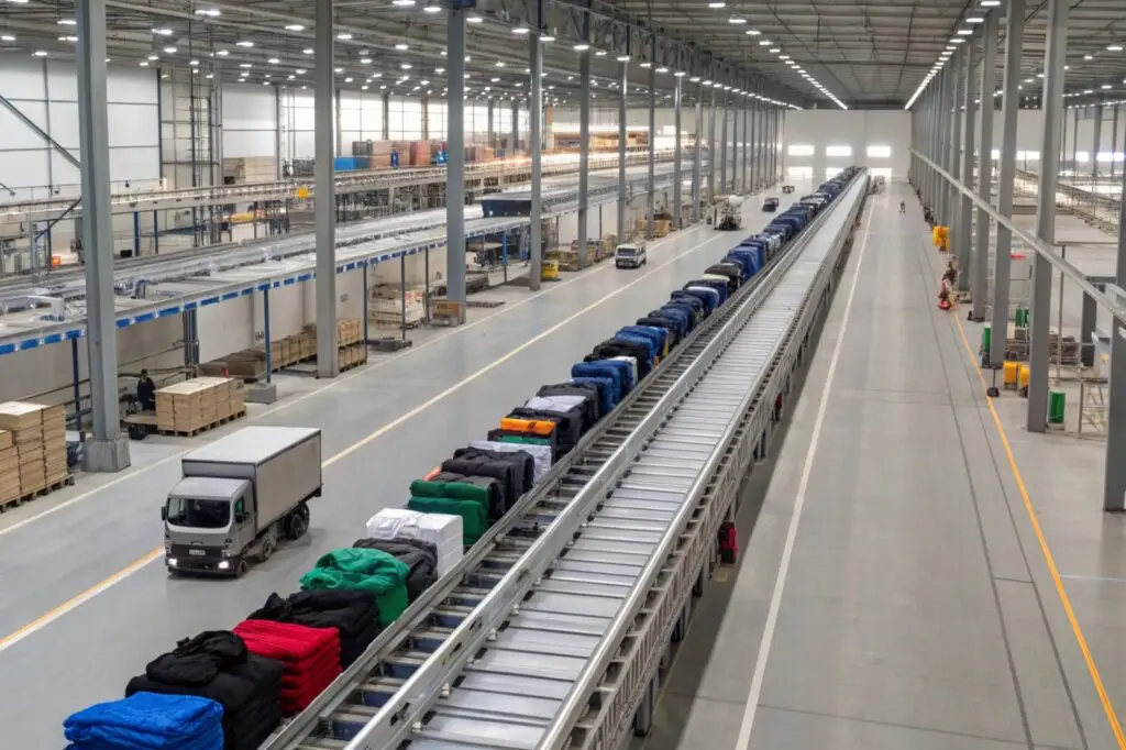 Clothing products being transported on an automated conveyor in a warehouse