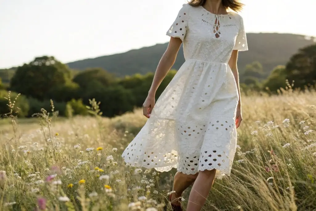 Woman wearing a white lace dress walking through a meadow