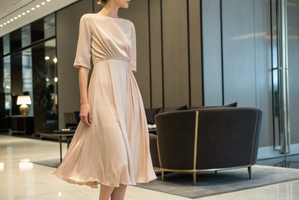 Elegant satin midi dress in soft champagne hue