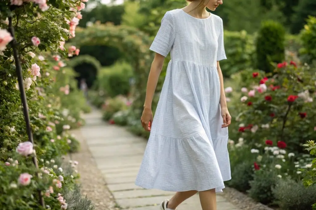 Woman in a light blue cotton dress walking through a rose garden