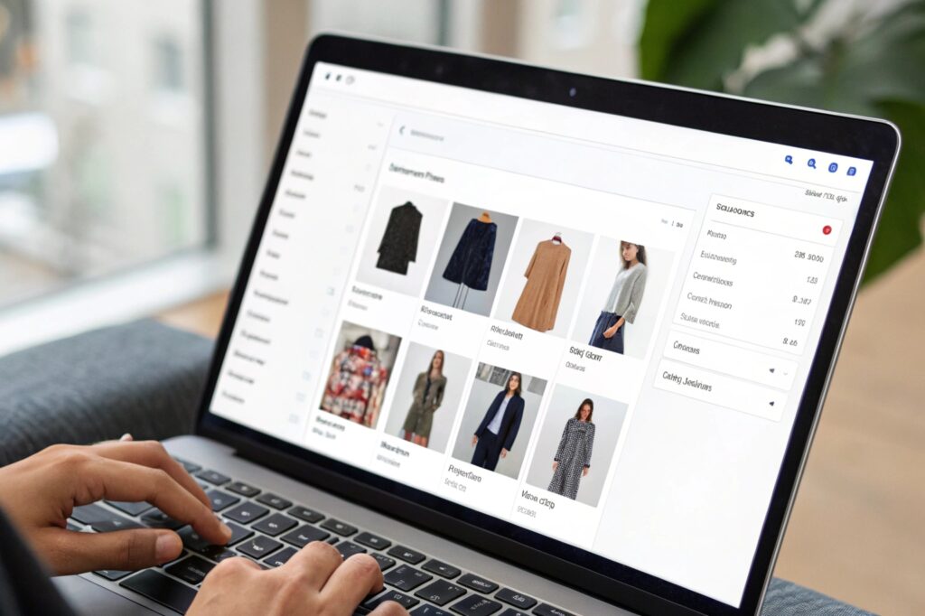 Online clothing catalog viewed on a laptop screen
