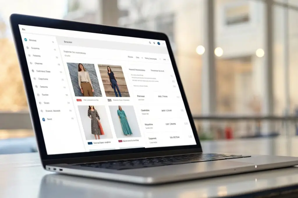 Online clothing catalog displayed on a laptop screen