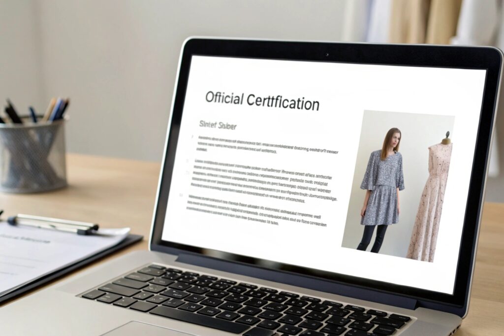 Official clothing certification document displayed on a laptop