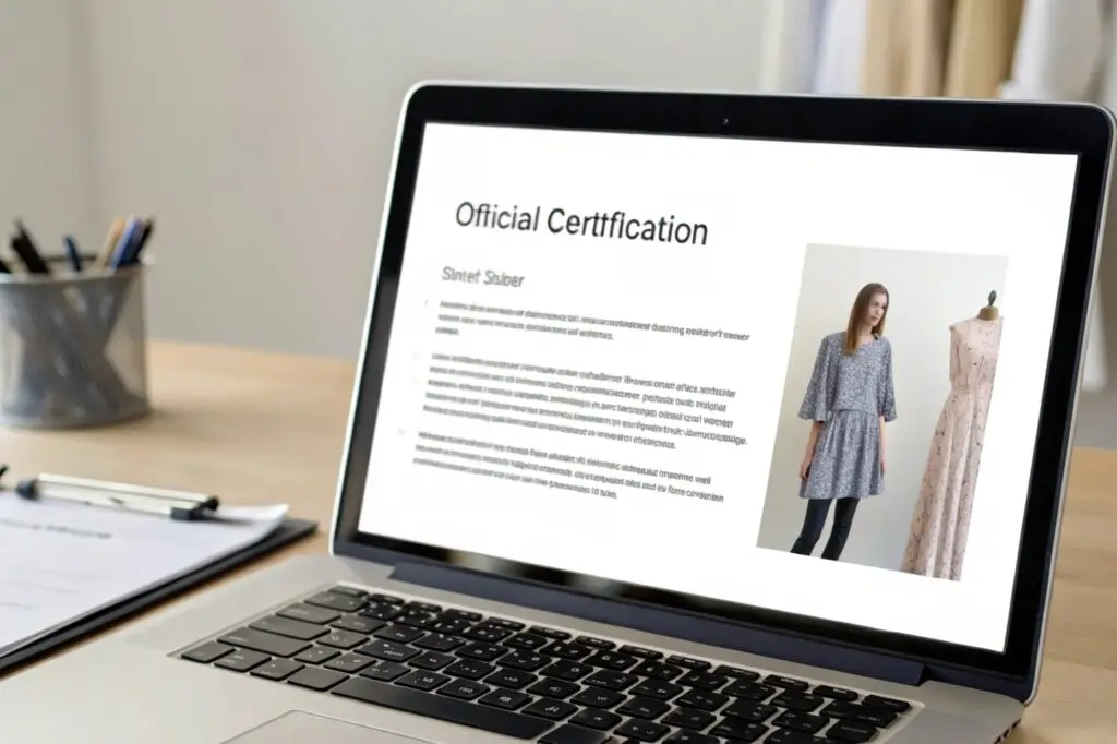 Official clothing certification document displayed on a laptop
