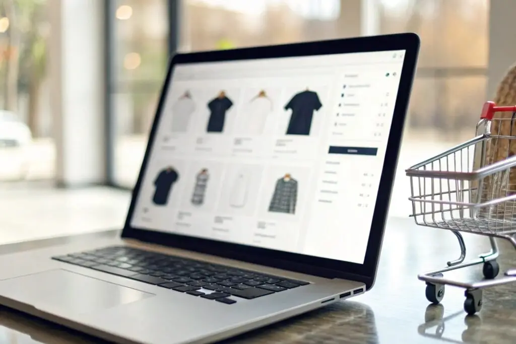 A laptop screen displaying an online store selling custom T-shirts