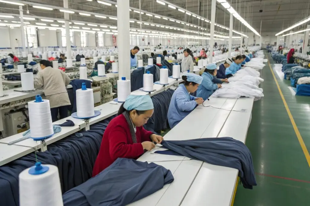 Workers stitching garments in a large-scale clothing factory