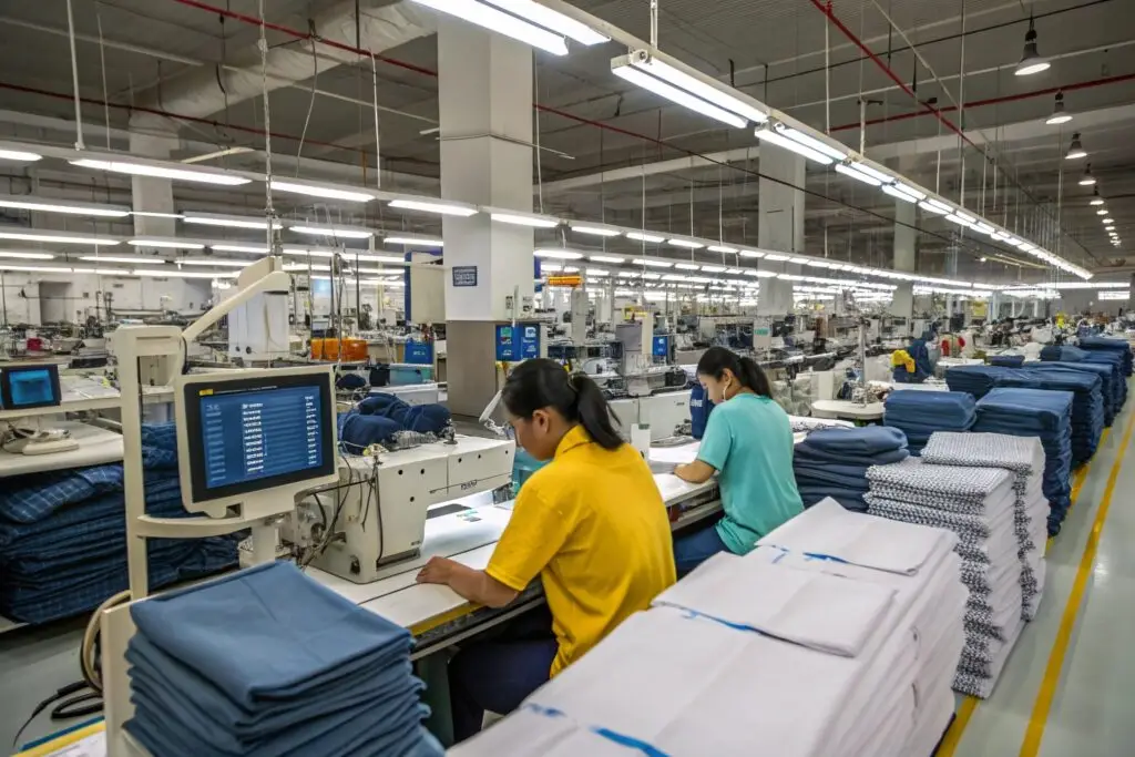 Modern garment factory with skilled workers and digital production monitoring