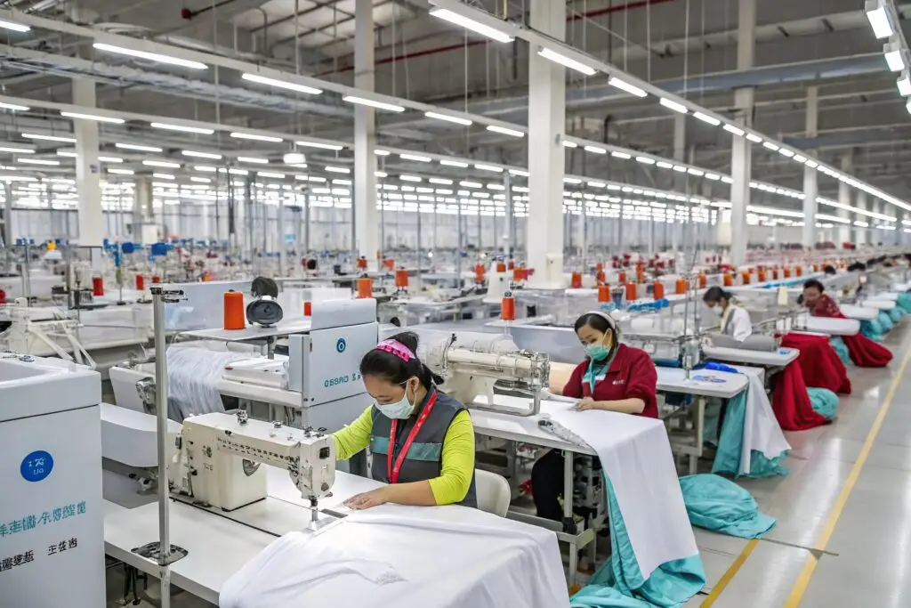 Workers sewing in a modern clothing manufacturing factory