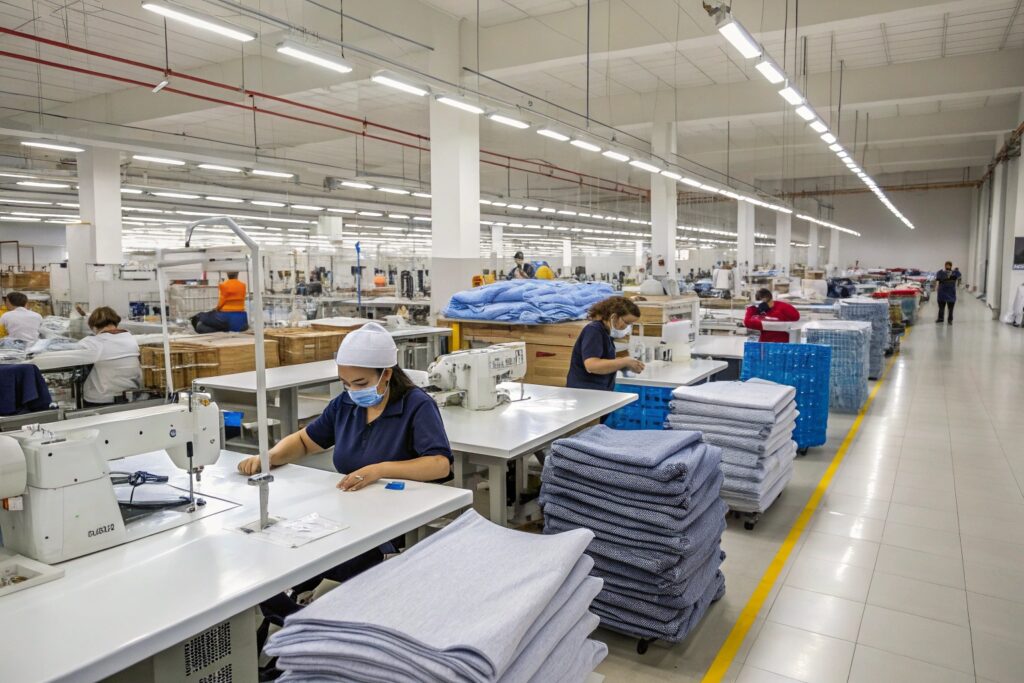 Modern clothing factory with workers operating sewing machines
