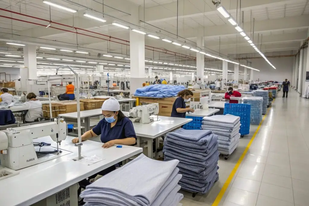 Modern clothing factory with workers operating sewing machines