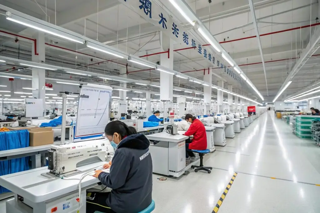 Modern garment factory with workers sewing clothes
