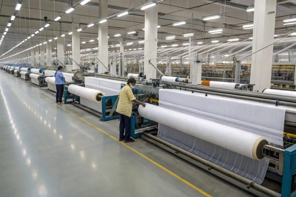 Workers operating weaving machines in a large-scale manufacturing facility