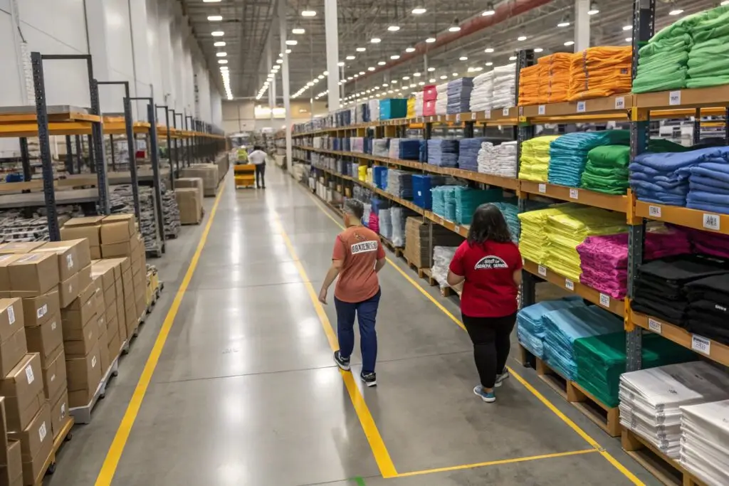 Large-scale clothing warehouse with organized shelves