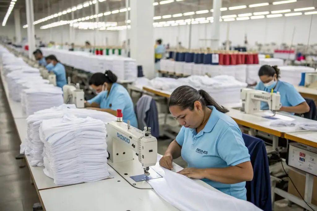 Large-scale garment factory with skilled workers sewing garments in an organized production line