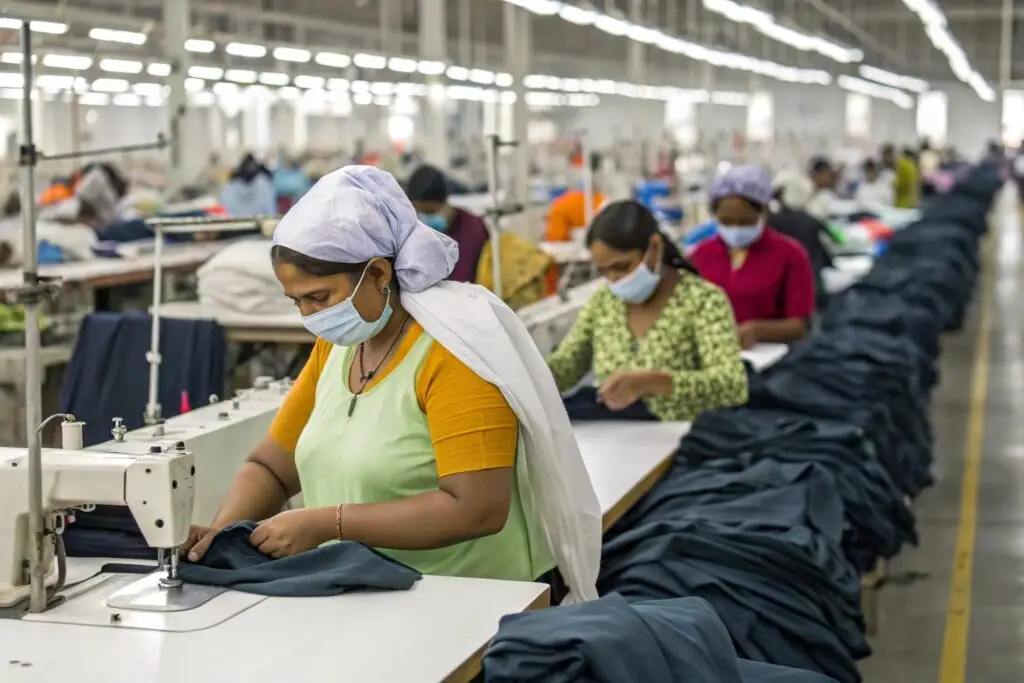 Workers sewing garments in a large-scale clothing factory, showcasing textile production