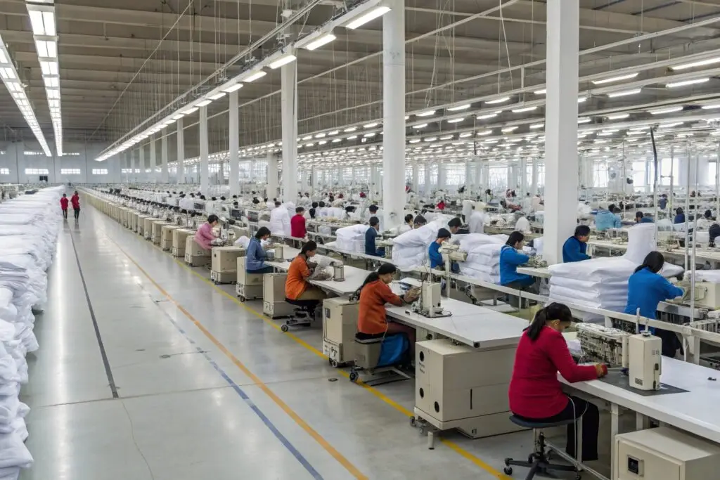 Workers sewing garments in a large textile manufacturing factory