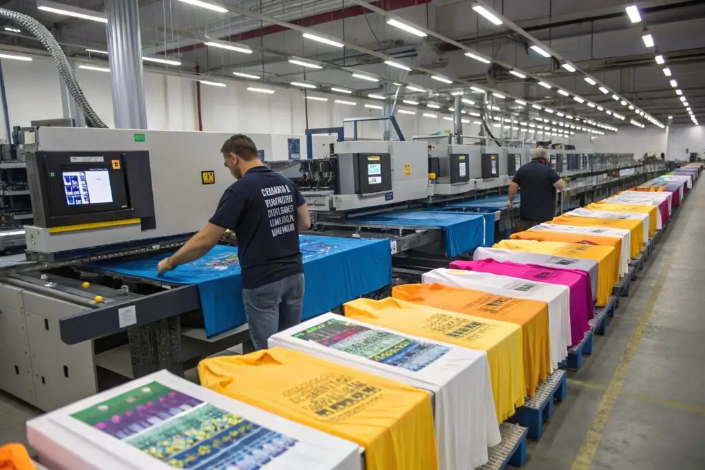 Large-scale T-shirt printing facility with automated machinery and vibrant fabric designs