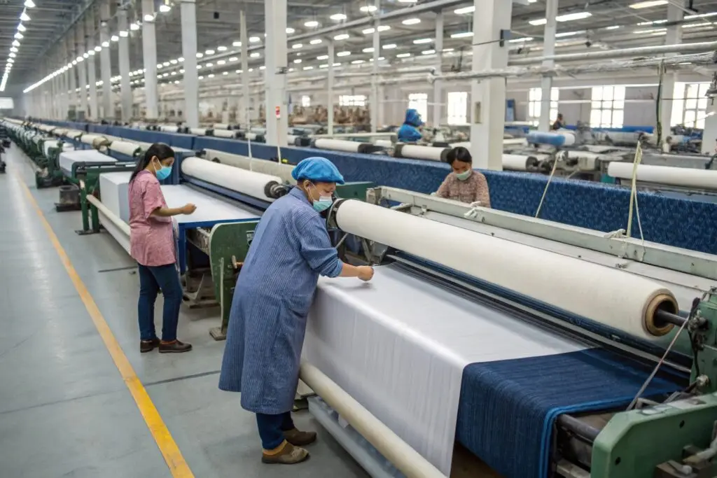 Workers managing the weaving process in a large-scale textile factory