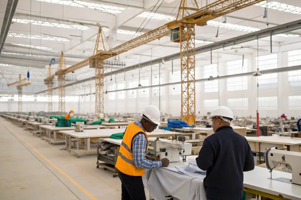 Engineers inspecting sewing machines in a garment factory under construction