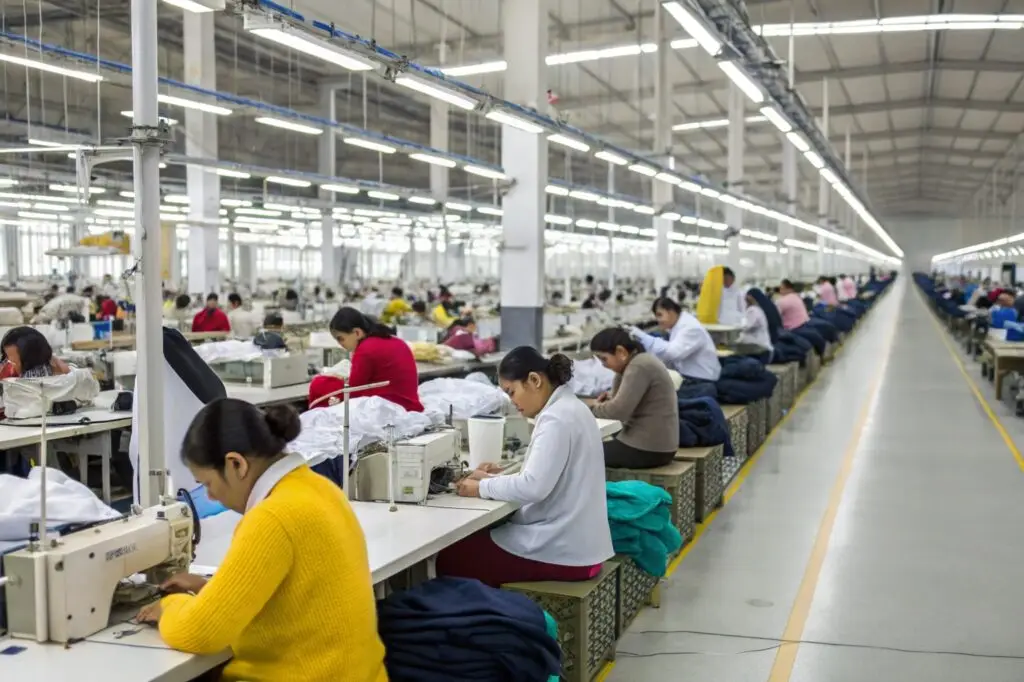 Workers sewing garments in a large-scale textile factory