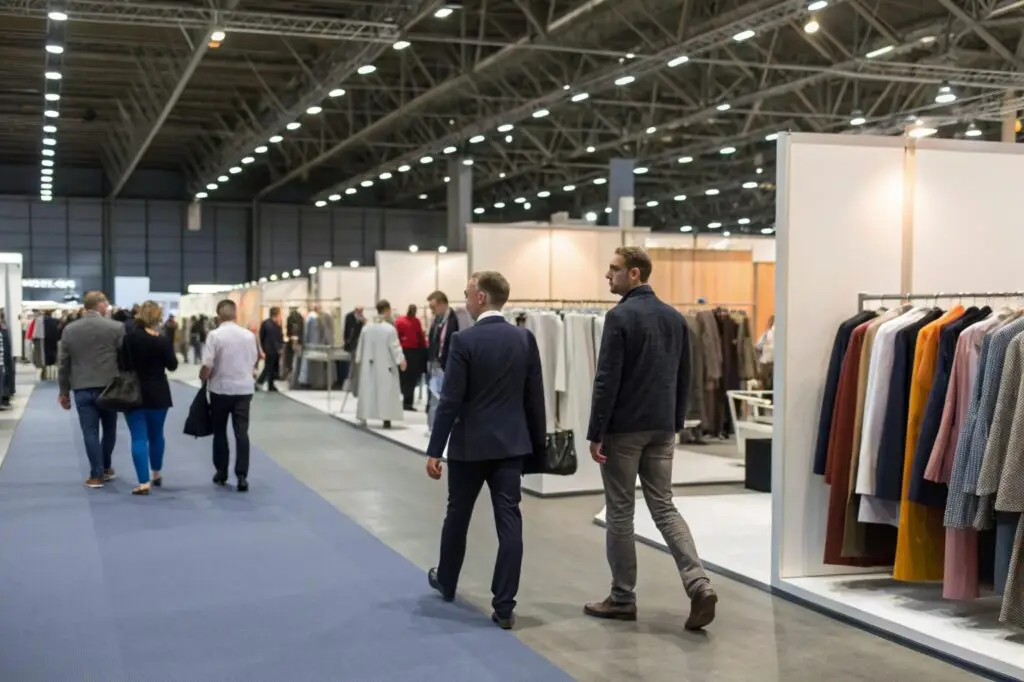 Business professionals exploring a fashion trade show