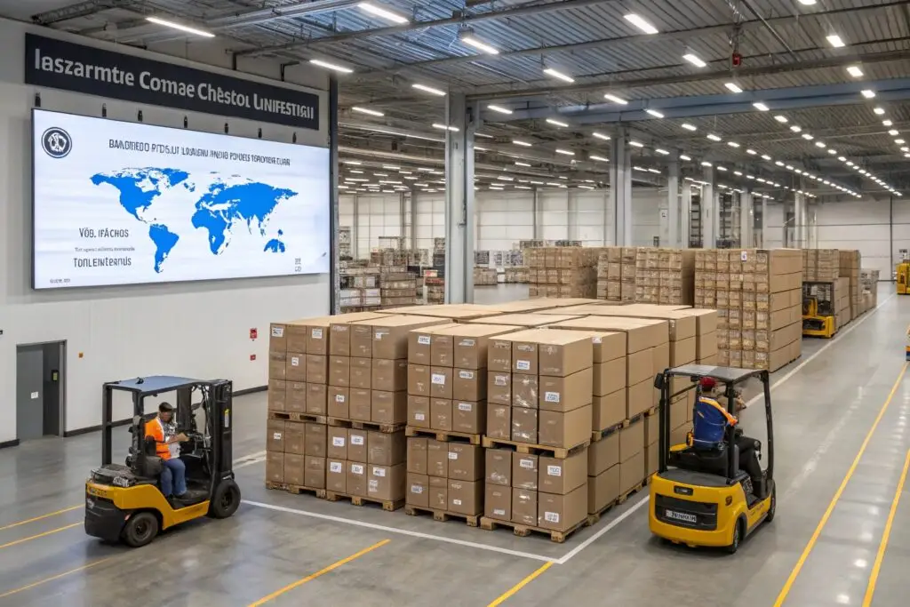 Large warehouse with stacked boxes ready for global distribution