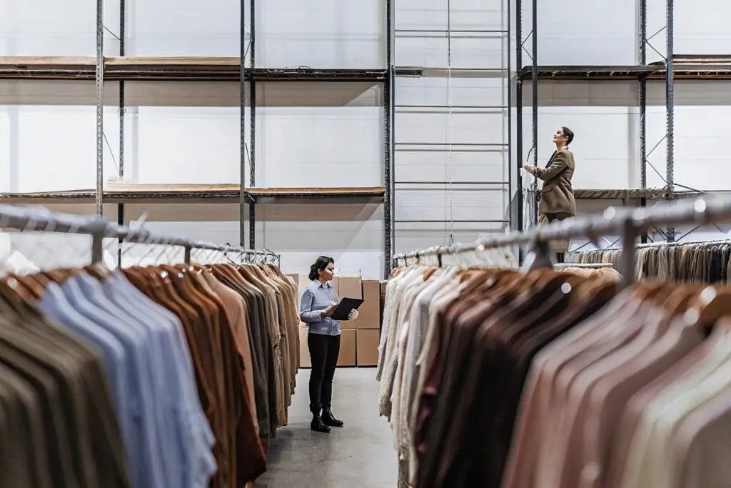 A large warehouse filled with neatly packed clothing racks, with employees managing inventory and logistics.