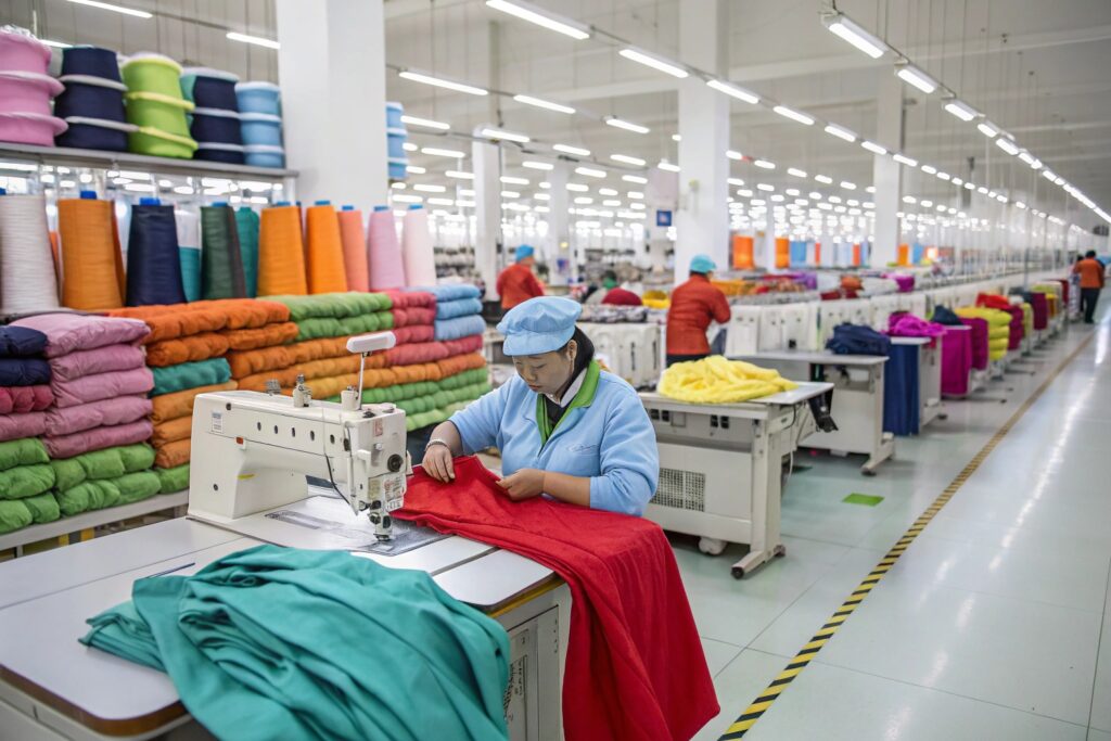 Garment factory worker sewing fabric, showcasing textile production.