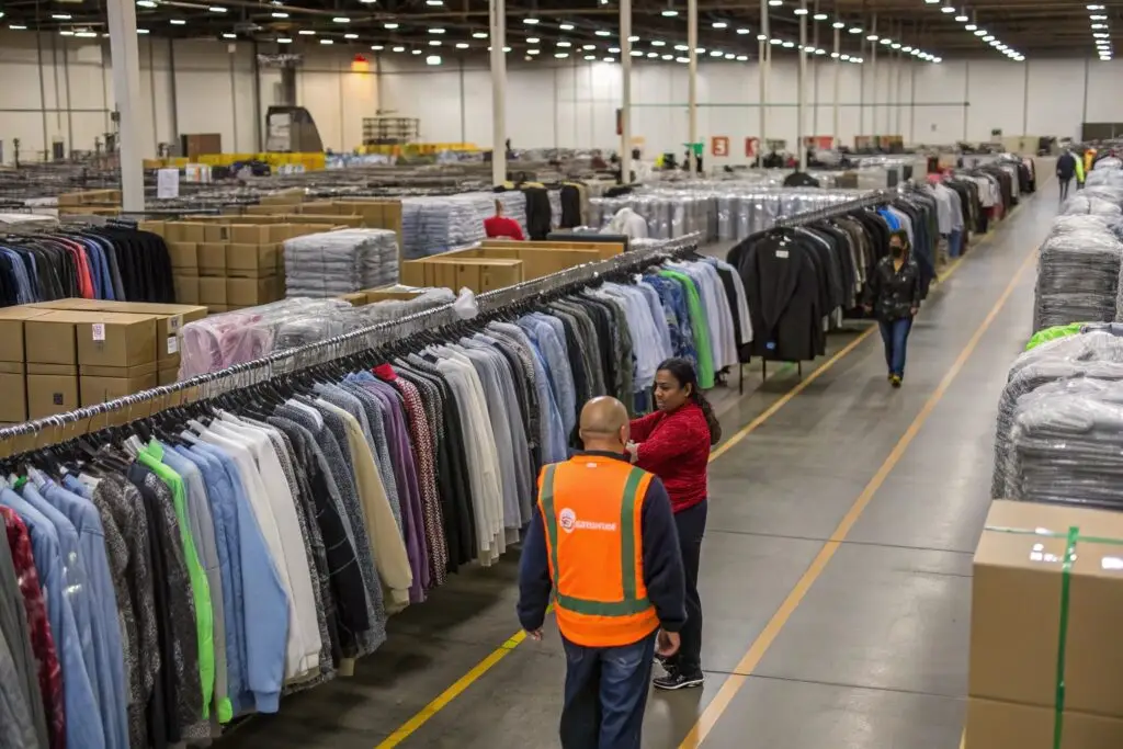 Large wholesale clothing warehouse filled with apparel